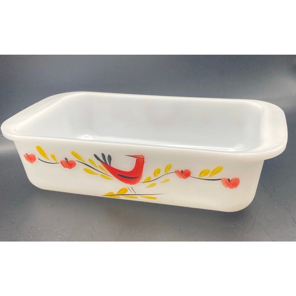 VTG Very Rare Fire King Distelfink Milk Glass Pan Red Bird Anchor Hocking *READ*